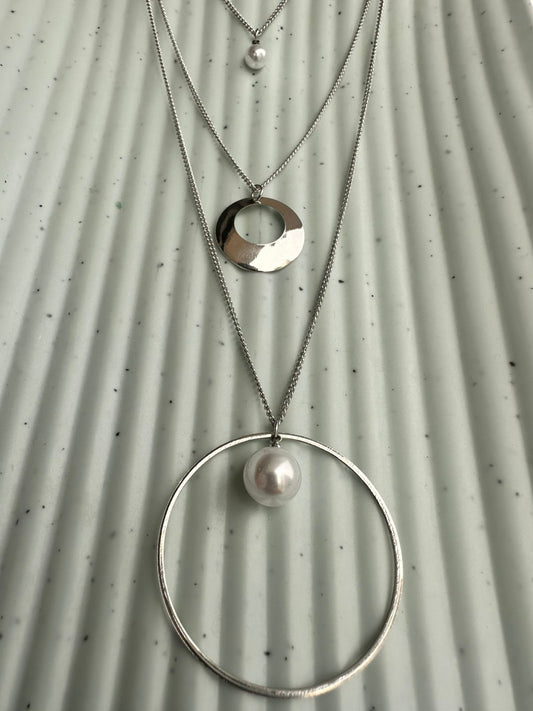 Silver Orbit Pearl Layered Necklace
