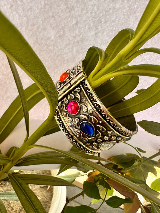 Silver Oxidised Stone-Studded Cuff Bracelet