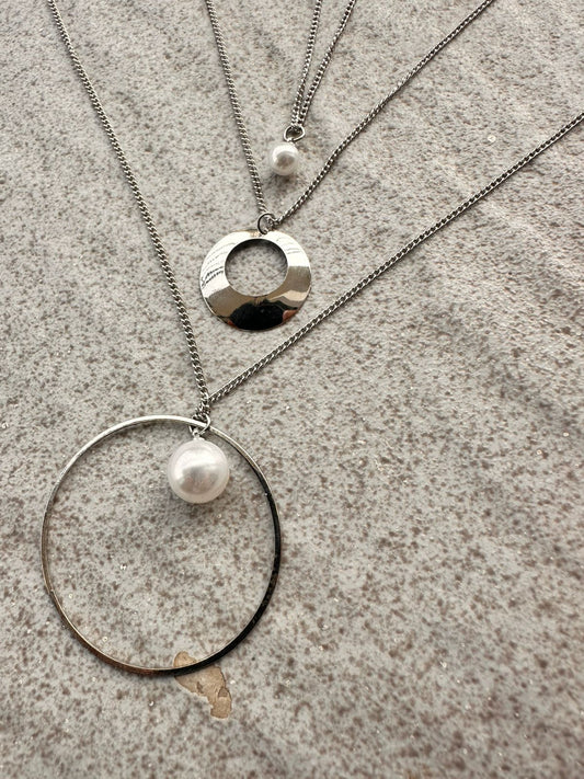 Silver Orbit Pearl Layered Necklace