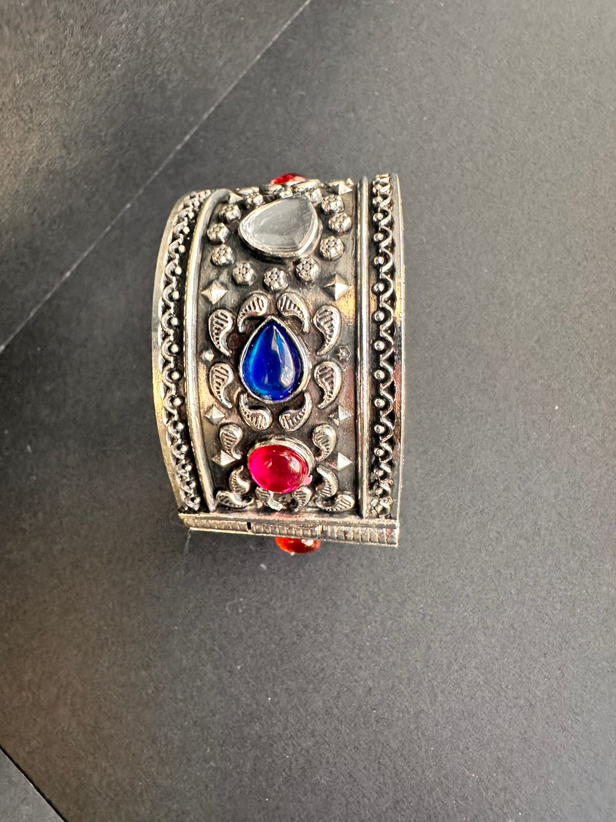 Silver Oxidised Stone-Studded Cuff Bracelet