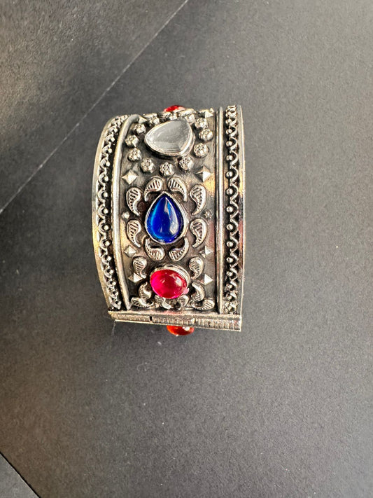 Silver Oxidised Stone-Studded Cuff Bracelet